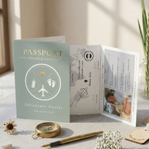 Elegantes Hellgrünes Reisepass-Foto Jungen-Baby-Pa Einladung