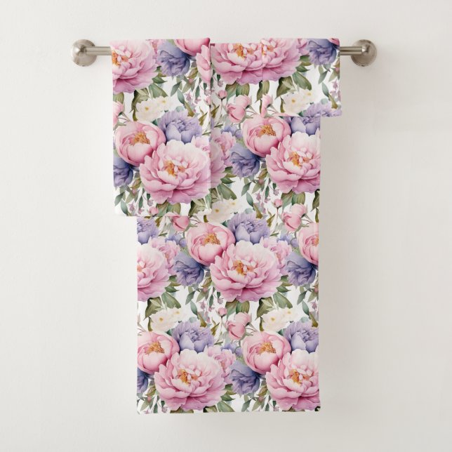 Elegantes hellrosa Peonies Rose Blumenhandtuch Set (Insitu)
