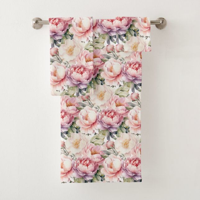 Elegantes hellrosa Peonies Rose Blumenhandtuch Set (Insitu)