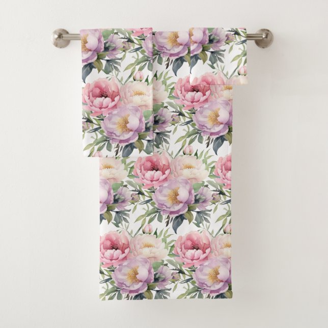 Elegantes hellrosa Peonies Rose Blumenhandtuch Set (Insitu)