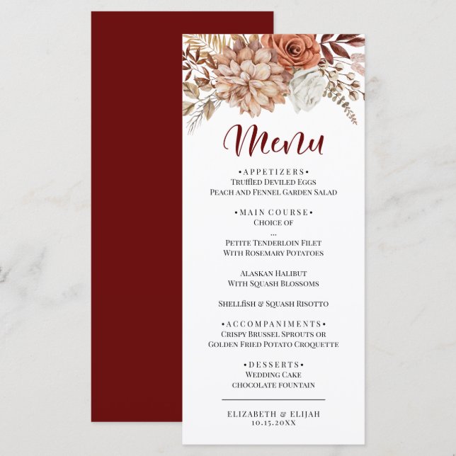 Elegantes "Herbst Burgund Floral Wedding Flat Menu Menükarte (Vorne/Hinten)