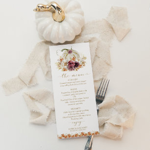 Elegantes Herbst-Weiß-Kürbis-Blumen-Hochzeitsmenü Menükarte