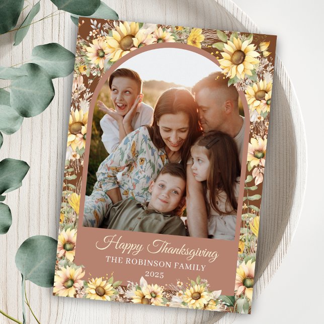 Elegantes Herbstfall glücklich Thanksgiving-Foto Feiertagskarte (elegant sunflowers autumn fall happy thanksgiving cards with arch family photo for personalized note)