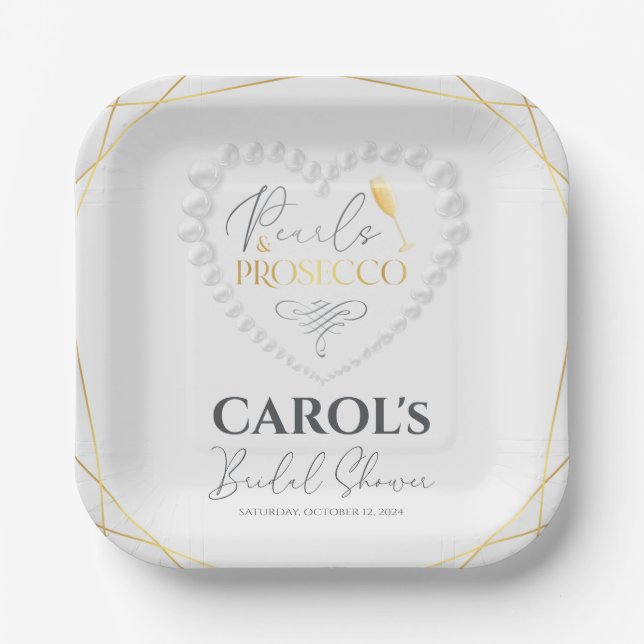 Elegantes Herz Perlen & Prosecco Gold Brautparty Pappteller (Vorderseite)