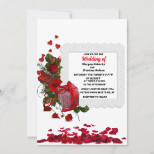 Elegantes Herz und Rote Rose Romantische Blumenhoc Einladung