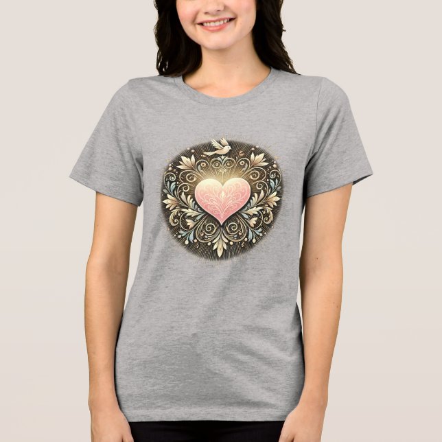 Elegantes Herz- und Taubendesign Tri-Blend Shirt (Vorderseite)