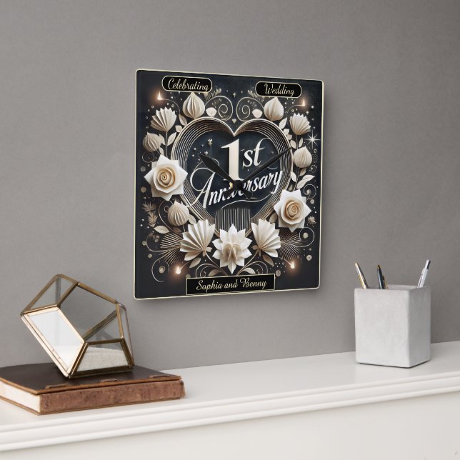 Elegantes Herzdesign für Nebenbücher Quadratische Wanduhr (Büro)