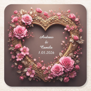 Elegantes Herzrahmen-Dekor mit rosa Rosen Rechteckiger Pappuntersetzer
