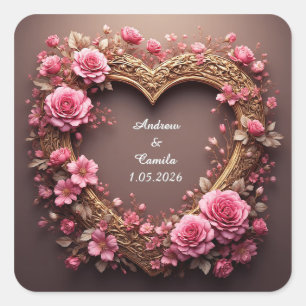 Elegantes Herzrahmen-Dekor verziert mit rosa Rosen Quadratischer Aufkleber