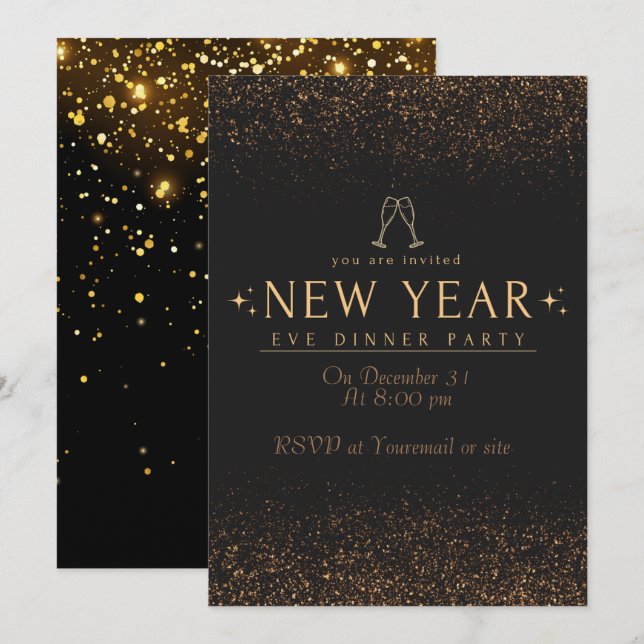 Elegantes High End Gold Black Silvester Party Einladung (Vorne/Hinten)