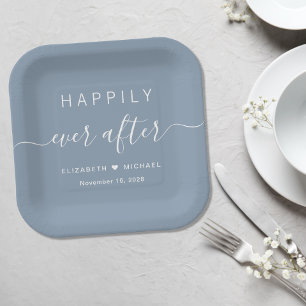 Elegantes Hochzeit Dusty Blue Happy End Pappteller