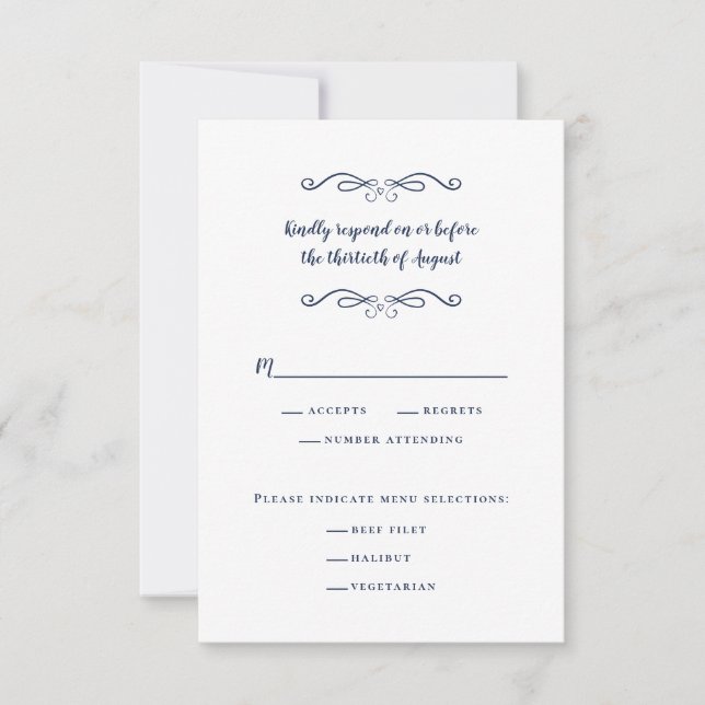 Elegantes Hochzeitessen Klassisch Delikat Blau & W RSVP Karte (Vorderseite)