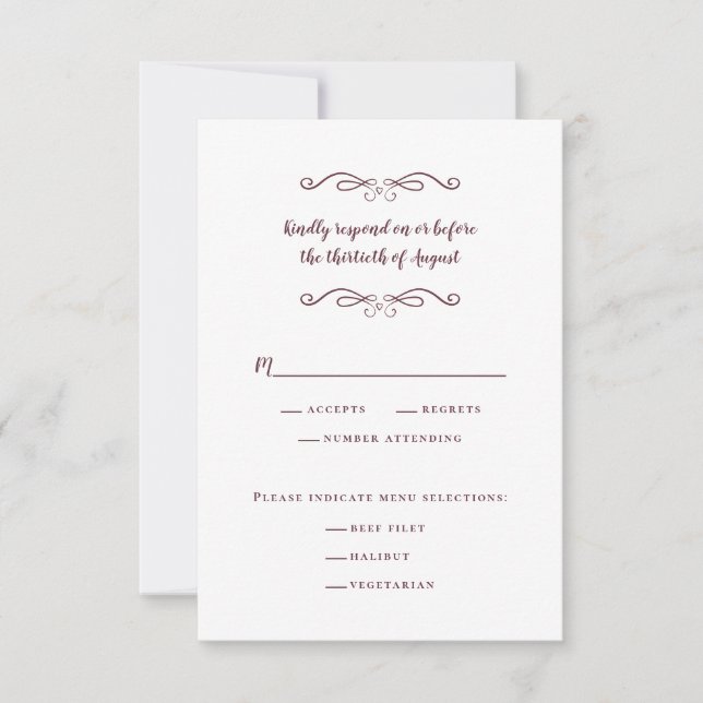 Elegantes Hochzeitessen Klassisches Burgund Delika RSVP Karte (Vorderseite)