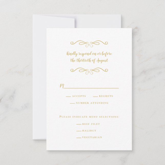 Elegantes Hochzeitessen Weiß und Gold Minimalistis RSVP Karte (Vorderseite)