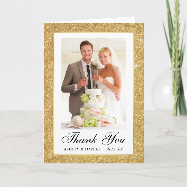 Elegantes HochzeitGold Glitzer Rahmen Foto Falten Dankeskarte (Vorderseite)