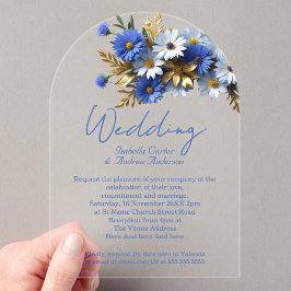 Elegantes Hochzeitkornblume Blau Weißes Gold Acryleinladungen