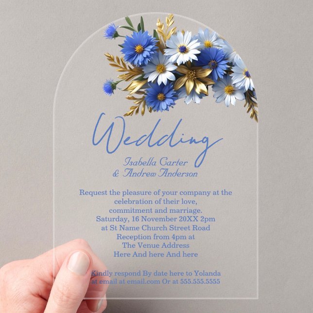 Elegantes Hochzeitkornblume Blau Weißes Gold Acryleinladungen (Von Creator hochgeladen)