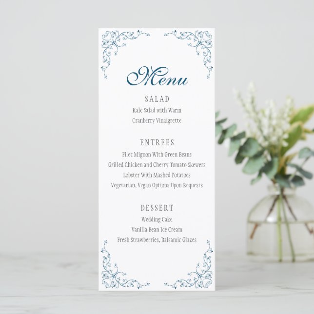 Elegantes Hochzeitmenü Blüh Ocean Blue Menükarte (Stehend Vorderseite)