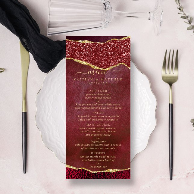 Elegantes Hochzeitmenü für Burgund & Gold Agate Werbekarte (Von Creator hochgeladen)