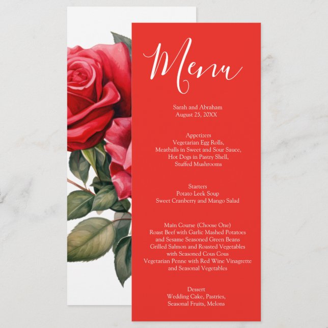 Elegantes Hochzeitmenü für Rote Rosen Menükarte (Vorne/Hinten)