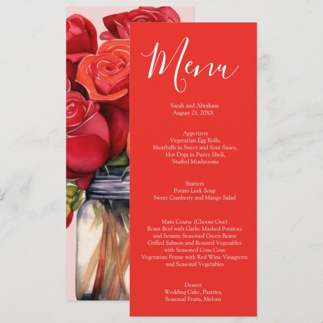 Elegantes Hochzeitmenü für Rote Rosen Menükarte (Vorne/Hinten)