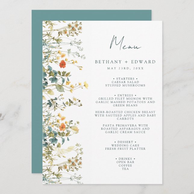 Elegantes Hochzeitmenü für Wildblumen Menükarte (Vorne/Hinten)