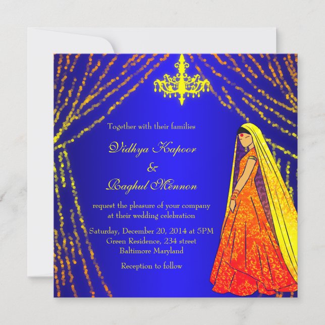 Elegantes Hochzeits-Kleid beleuchtet Einladung (Vorderseite)
