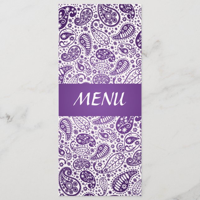 Elegantes Hochzeits-Menü-Paisley-Muster lila Menükarte (Vorderseite)