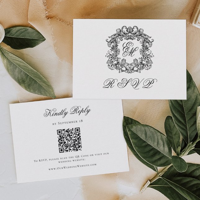 Elegantes Hochzeits-QR-Code mit Monogrammwappen RSVP Karte (Von Creator hochgeladen)