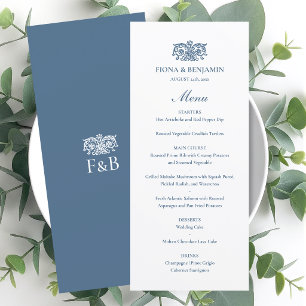 Elegantes Hochzeits-Vintage-Blumenmonogramm Blau Menükarte