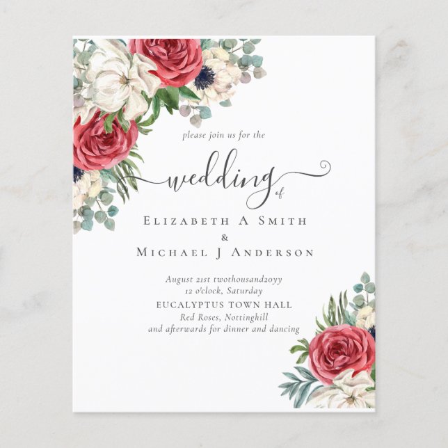 Elegantes Hochzeitsbudget Red White Blue Floral Flyer (Vorne)
