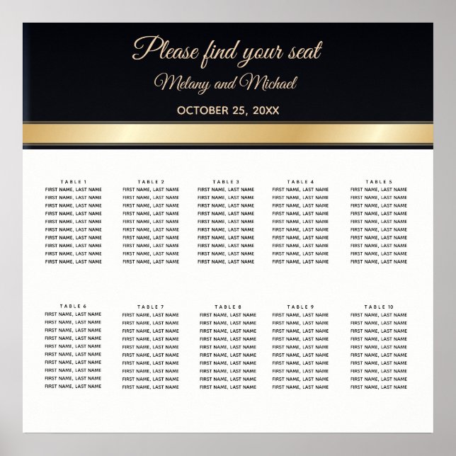 Elegantes Hochzeitsdiagramm Schwarz-weiß und gold Poster (Vorne)