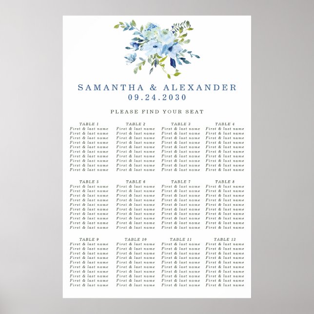 Elegantes Hochzeitsdiagramm von Blauer Flora Poster (Vorne)