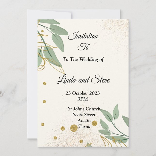 Elegantes Hochzeitsempfang, beige grünes Gold Einladung (Vorderseite)
