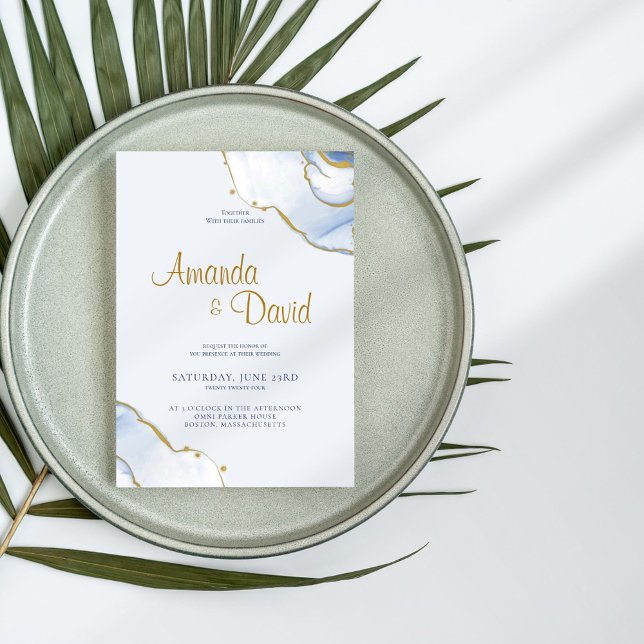 Elegantes Hochzeitsempfang in Blau und Gold Einladung (Von Creator hochgeladen)