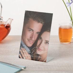 Elegantes Hochzeitsfoto-Save-the-Date-Podest-Schil Sockelschild