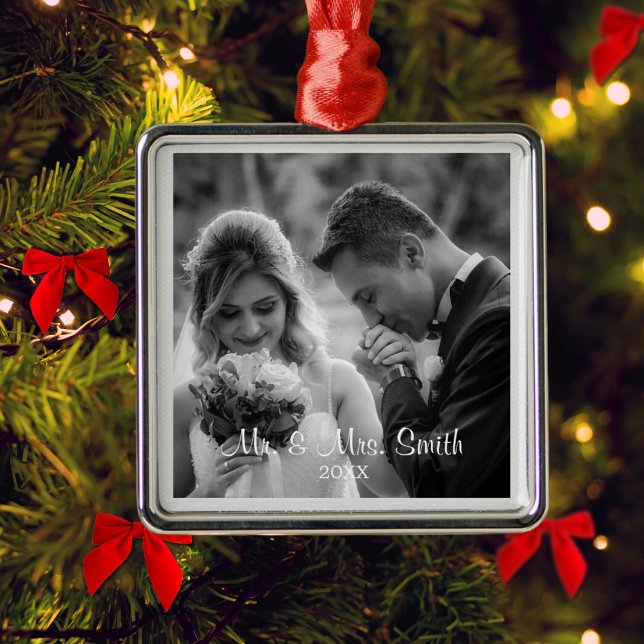 Elegantes Hochzeitsgeschenk Foto Ornament Aus Metall (Classy Couples Wedding Family Christmas Ornament )