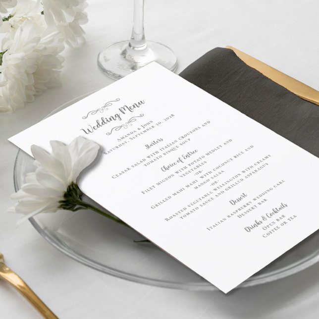 Elegantes Hochzeitskalligrafie Chic Gray White Din Menükarte (Von Creator hochgeladen)