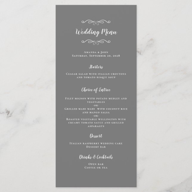 Elegantes Hochzeitskalligrafie Chic Gray White Din Menükarte (Vorderseite)