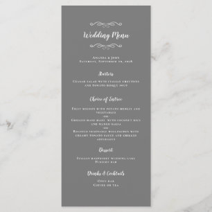 Elegantes Hochzeitskalligrafie Chic Gray White Din Menükarte