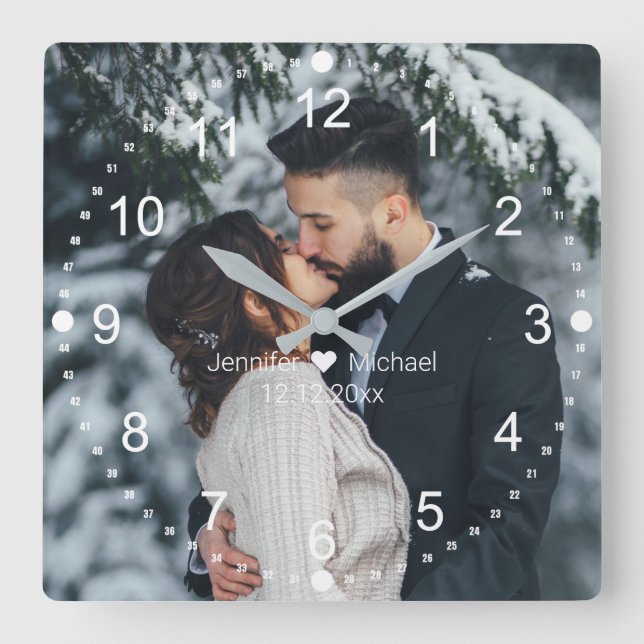elegantes Hochzeitsklassiker Foto Quadratische Wanduhr (Vorderseite)
