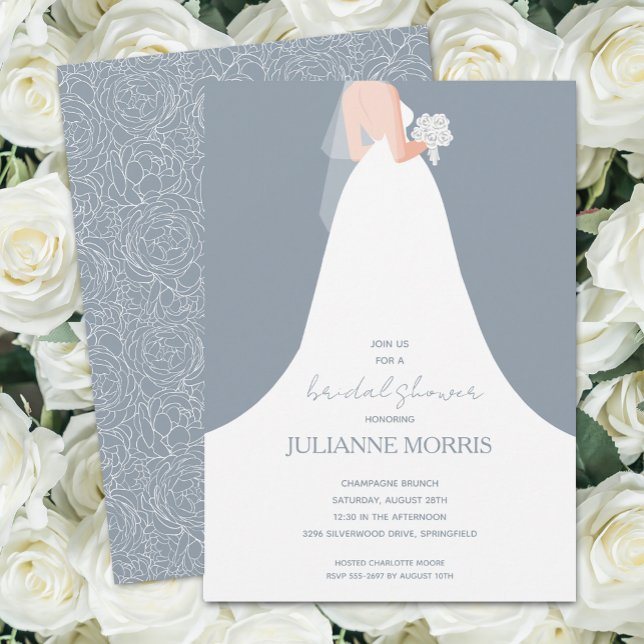 Elegantes Hochzeitskleid auf Dusty Blue Brautparty Einladung (Von Creator hochgeladen)