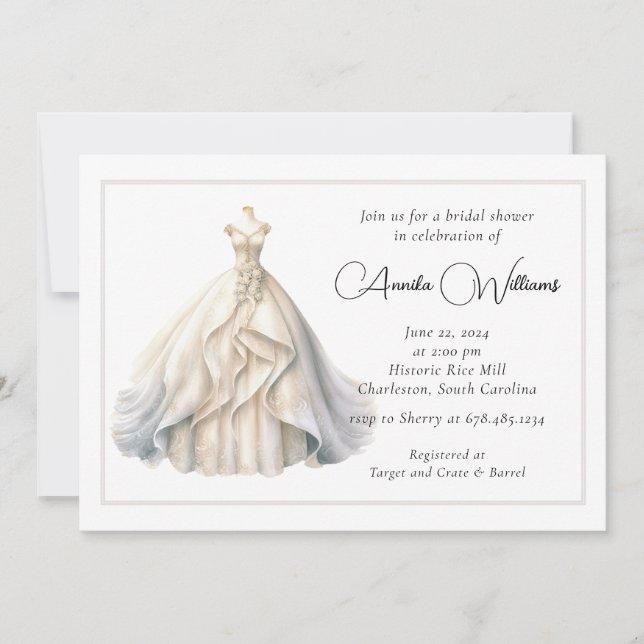 Elegantes Hochzeitskleid-Brautparty Einladung (Vorderseite)