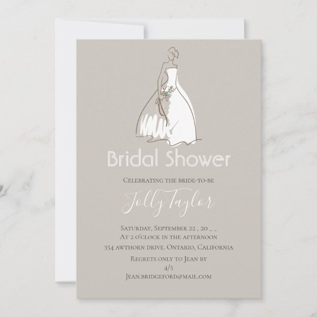 Elegantes Hochzeitskleid-Brautparty Einladung (Vorderseite)