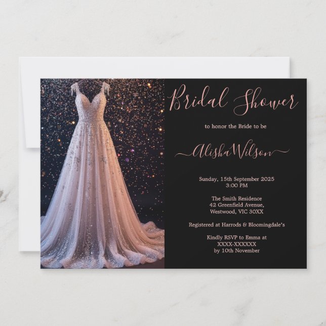 Elegantes Hochzeitskleid Bridal Dusche Einladung (Vorderseite)