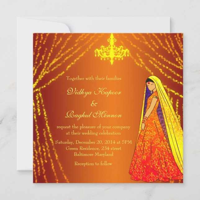 Elegantes Hochzeitskleid Lights Kronleuchter Einla Einladung (Vorderseite)