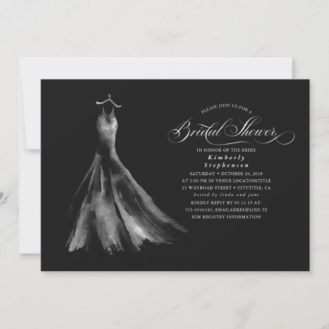 Elegantes Hochzeitskleid Schwarzes Brautparty Einladung (Vorderseite)