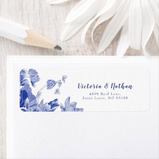 Elegantes Hochzeitslabel in Blau und Weiß (Insitu)