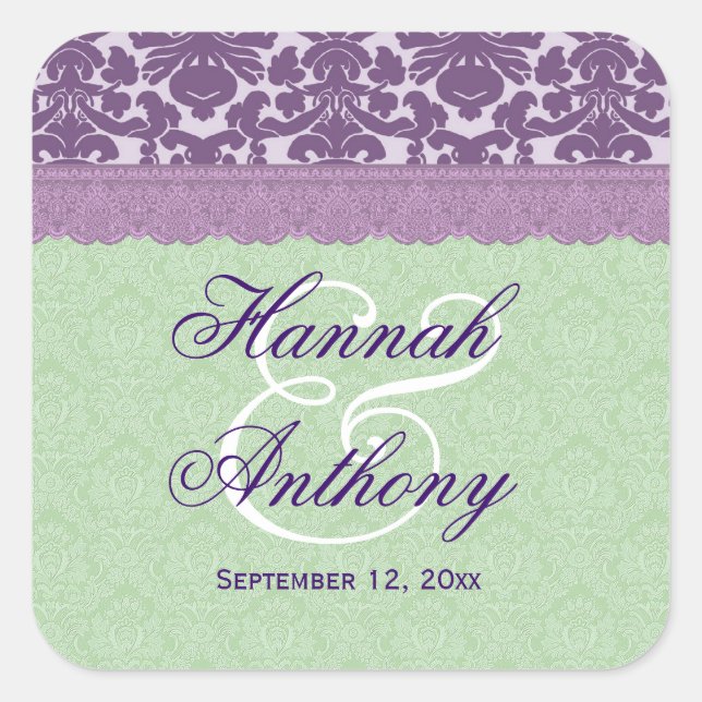 Elegantes Hochzeitslabel LILA und MINT Damask V02 Quadratischer Aufkleber (Vorderseite)