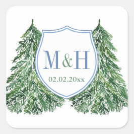 Elegantes Hochzeitslogo für blaue und grüne Wälder Quadratischer Aufkleber